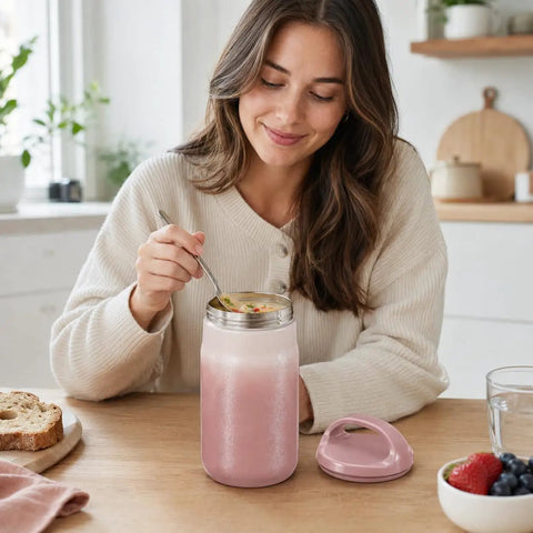 Woman enjoying soup from a Big 27oz Wide Mouth Food Jar Made From Stainless Steel Keeps Your Grub Hot For Ten Hours Straight Up Leak Proof Performance Locks In Chill Till Midnight Perfect For Grab And Go Work Or School Vibes Pink.