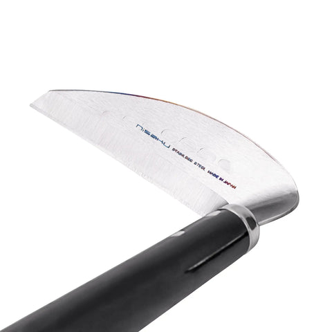 Close-up of Kogama Garden Weeder Scraper Hoe With 4.25 Inch Curved Blade, stainless steel detail, black wood grip visible