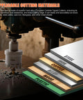 Carbide Hole Saw cutting through metal with display of applicable materials like steel, iron, copper, alloy, wood, and plastic.