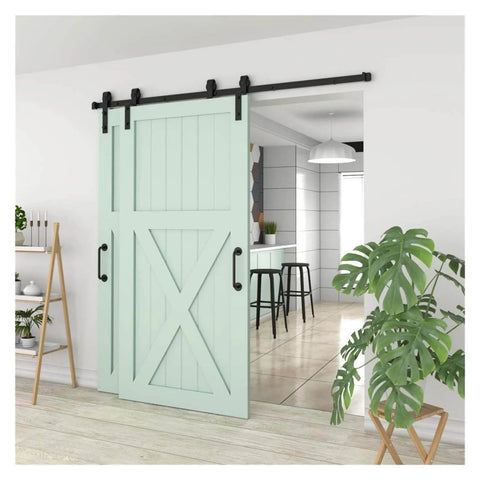 Bypass Barn Door Hardware Kit with Sliding Track System for Double Doors installed in modern kitchen