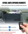 Hand holding Replacement Gate Opener Remote For JUJIANG And GYXEL Openers, Keychain Transmitter That Works With JUJIANG Swing And Sliding Models.