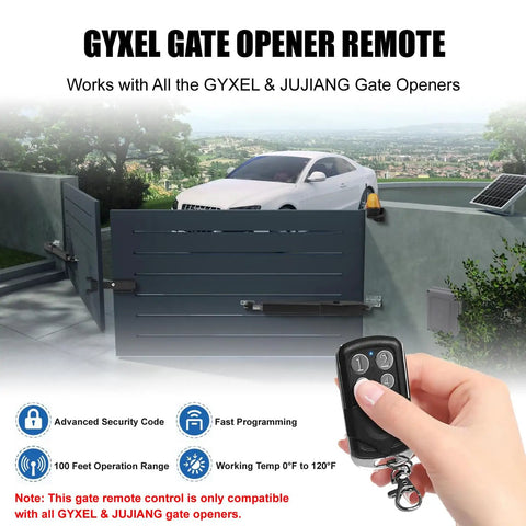 Hand holding Replacement Gate Opener Remote For JUJIANG And GYXEL Openers, Keychain Transmitter That Works With JUJIANG Swing And Sliding Models.