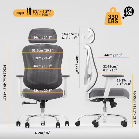 Ergonomic Mesh Office Chair With 3D Lumbar Support And 3D Armrests V Shaped Back Adjustable Desk Chair With dimensions shown