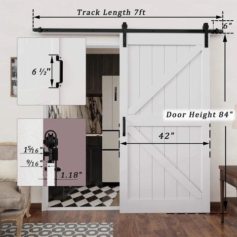 42 Inch By 84 Inch Sliding Barn Door Kit With 7 Ft Hardware Track Included Heavy Duty Water Resistant Anti Scratch White MDF Wood Door DIY Friendly Easy Install K Frame installed in living room
