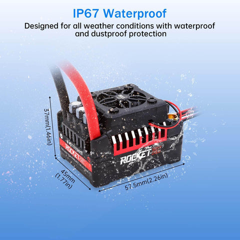 Supersonic V2 130A Beefed Up Brushless ESC With Overheat Protection in waterproof casing for 1/8 scale RC cars, side view.