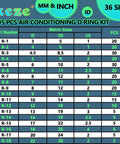 Size chart for 595 Piece Air Conditioning O Ring Kit With 36 Sizes Rubber O Rings For Automotive AC Compressor Repair And Plumbing Projects