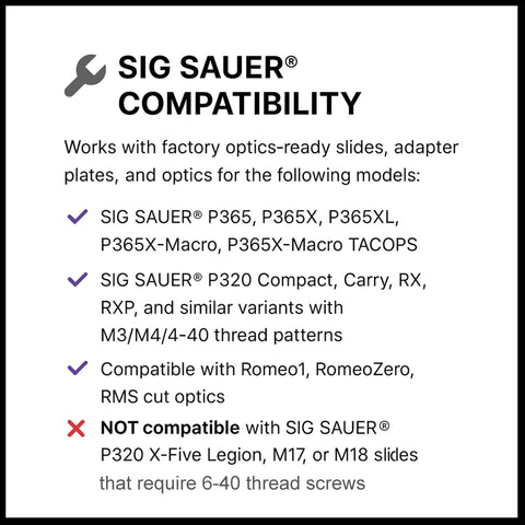 Compatibility guide showing SIG SAUER models compatible with 36 Piece Screw Set Built For SIG SAUER Red Dot Optics And Adapter Plates With T10 Key And Pre Coated Threadlocker Easy Mount Kit With 9 Thread Sizes For RMR RMSc DeltaPoint Acro RomeoZero.