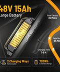 48V 15Ah large battery details of Beast 2000W Fat Tire Electric Mountain Bike For Adults, highlighting 720Wh power and range.