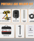 Hella Portable Handheld Welder 110V 120A Mini Arc Inverter Machine Lightweight kit with welding mask, rods, and accessories.