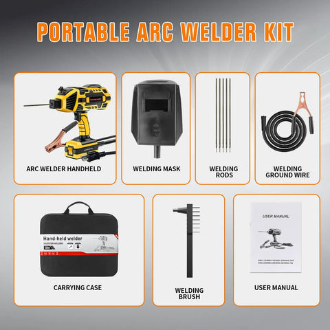 Hella Portable Handheld Welder 110V 120A Mini Arc Inverter Machine Lightweight kit with welding mask, rods, and accessories.