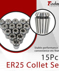 ER25 Collet Set 15Pcs Precision Spring Collet Chuck Kit for CNC with zoomed view on one collet.