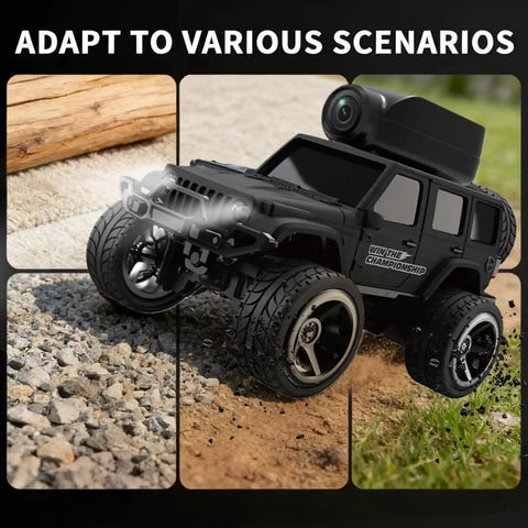 One Sixty Four Scale 4WD Alloy Mini RC Crawler With FPV Camera on rocky and grassy terrain
