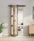 Installed Bifold Glass Barn Door Kit 36 Inch With Hardware Included, Dope Three-Panel Glass Slab, Solid Wood Core With MDF And Waterproof Brown PVC Surface
