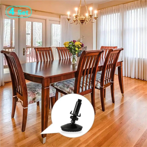 Heavy Duty Adjustable Furniture Leveling Feet, Pack Of 4 Solid Steel Glide Legs, M10 Thread, shown on a table in a dining room.