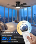Super Slick 42 Inch Flush Mount Ceiling Fan With Remote And Dimmable 3Cct Led Light Six Speeds, showing remote and lighting options.