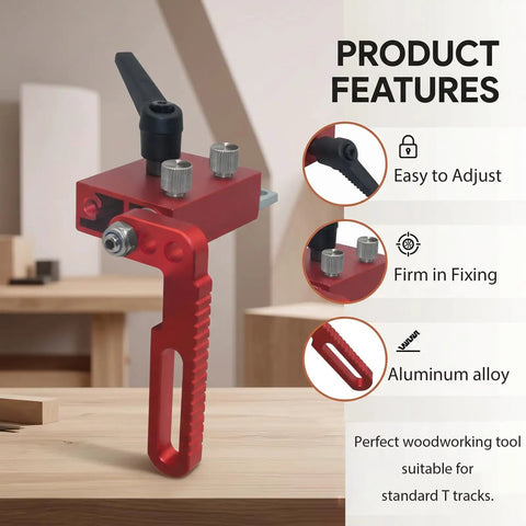 Universal 3.5 Inch Fence Flip Stop Block T Track Stop Block Featuring Dead On Calibrated Hairline Reader For Table Saw Miter And Drill Press No Sweat Alignment And Nailed Down Precision Woodworking Gear with red aluminum handle and adjustable mechanism.