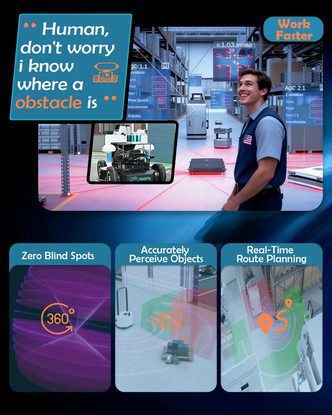 Warehouse setting with employee, AGV using 3D LiDAR Sensor For AGV And AMR Navigation, Smarter Obstacle Avoidance And SLAM in action