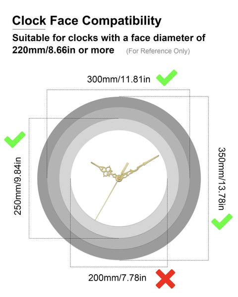 Antique Gold Clock Hands Set Eight Piece For Thick Shaft Movements shown with compatibility for 220mm face diameter clocks.
