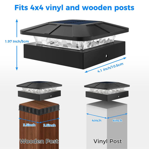 Two Pack Solar Post Cap Lights For Outdoor Fences Deck Waterproof Led Railing Caps With Adjustable Brightness fits 4x4 wooden and vinyl posts.
