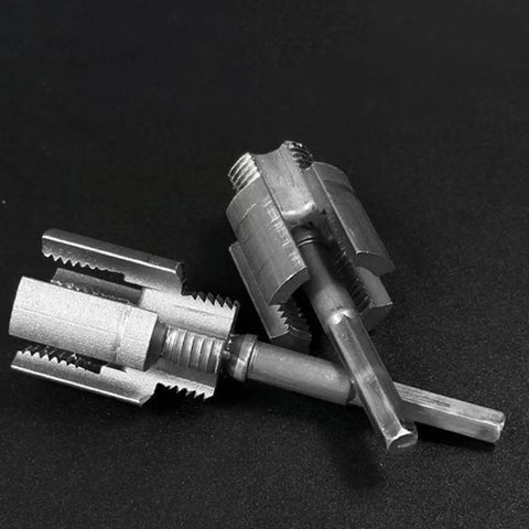 Tungsten steel cutter bits for the Pro 2-In-1 Pvc Pipe Threading Tool Kit for 1/2 and 3/4 inch pipes, ideal for DIY plumbing.