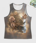 Fly Men's Skull Butterfly Tank Top Loose Fit Summer Sleeveless Tee Vintage Mechanical Workout Shirt Gym Ready showing floral and gear design.