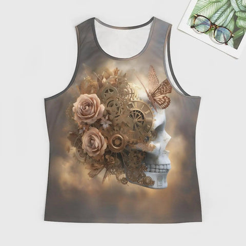 Fly Men's Skull Butterfly Tank Top Loose Fit Summer Sleeveless Tee Vintage Mechanical Workout Shirt Gym Ready showing floral and gear design.