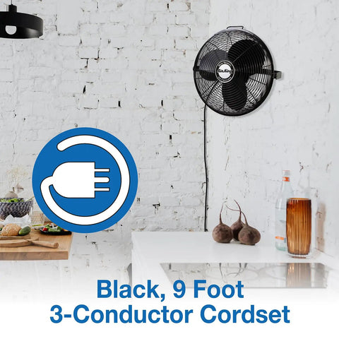 Beefy 18 Inch High Velocity Multi Mount Industrial Fan with Three Speed Settings, mounted on white brick wall in kitchen space