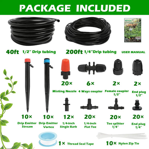 Image showing components of the All In One 240 Ft Drip Irrigation Kit With One Half Inch Main Tubing And One Quarter Inch Distribution Tubing.