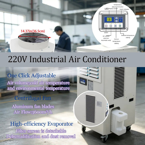 Boss Grade Portable Industrial Chiller Serving Real Cold With 20400 Btu H Cooling Power And Huge 3600 Cubic Meter Airflow Built Tough For Any Workshop Floor displayed with control panel and adjustable settings.