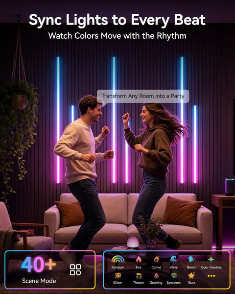 Couple dancing by Galental RGB+IC Slat Wall Lights, Led Recessed Lighting, DIY Lights, 6 Pack, in colorful sync with music.