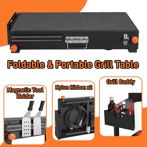 Portable Griddle Table Cart For 17 Inch And 22 Inch Griddles Foldable Outdoor Stand with caddy, tool holder, and grill caddy.