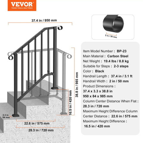 Heavy Duty Carbon Steel Outdoor Stair Handrail Kit Featuring Classic Retro Arch Design installed on exterior steps, black finish, 37.4 inches long.