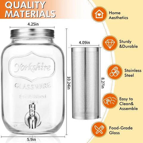 1 Gallon Kombucha Starter Kit With Glass Jar, Spigot And Stainless Mesh Filter next to feature icons and dimensions.