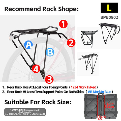 Diagram showing recommended rack shape for Waterproof Bike Pannier Bag 40L Large Capacity Dual Sided Rear Rack Saddle Bags