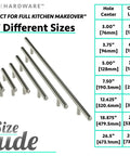 Size guide for Slick Solid Stainless Steel Euro Style Bar Pulls Set with 7 different sizes and corresponding dimensions.