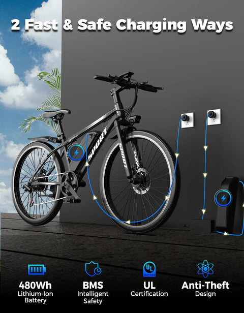 Electric Mountain Ebike For Adults With 1500W Peak Motor, 26-inch bicycle charging with wall socket, 48V 10Ah removable battery visible.