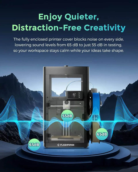 AD5X 3D Printer Enclosure Kit With Constant Temperature Module for Stable Prints, shown with sound wave graphic for noise reduction
