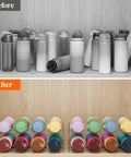 Before and after of Totally Game Changer Stackable Water Bottle Organizer For Cabinet Storage, showcasing organized 32 oz bottles.