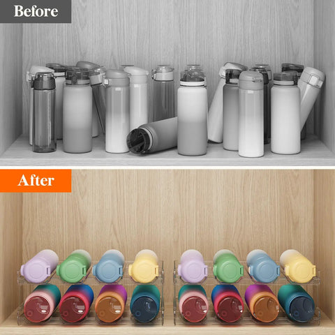 Before and after of Totally Game Changer Stackable Water Bottle Organizer For Cabinet Storage, showcasing organized 32 oz bottles.