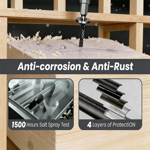 Self Tapping Structural Screws 14 By 6 Inch, 150 Pieces Carbon Steel Black Rustproof Deck Screws With T30 Star Drive Bit, No Pre Drilling Required shown with anti-corrosion features