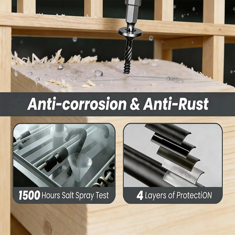 Heavy Duty Structural Screws With T30 Driver Bit And Self Tapping Tip For Seamless Woodworking and Decking Builds, with anti-corrosion testing.