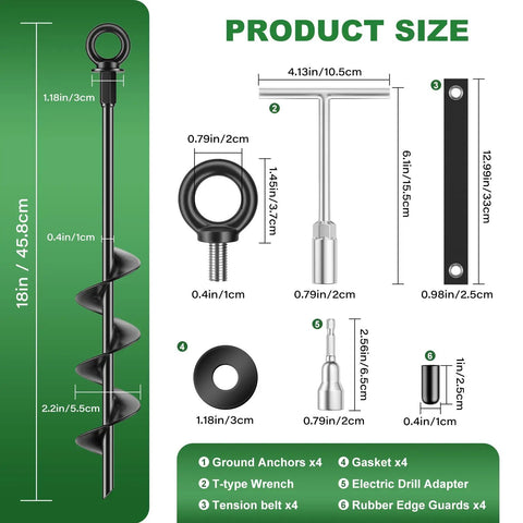 Diagram showing Heavy Duty 18 Inch Ground Anchors 4 Pack Fully Welded Screw In Stakes with T-wrench and drill adapter dimensions.