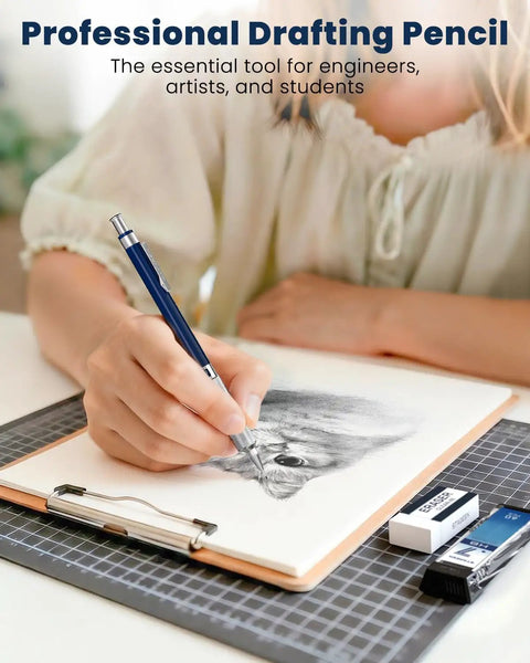 Close-up of 0.7mm metal mechanical pencil for drafting and art pro grade sketching tool with eraser and 60 HB lead refills on paper