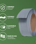 4 Inch Dry Back Vinyl Wall Base With Flexible Toe Kick Trim 60 Ft Roll No Fuss Easy Install Durable Molding For Floors And Baseboards Silver Gray Finish, displayed as a roll with durability, flexibility, cleanability, and USA manufacturing icons in the background.
