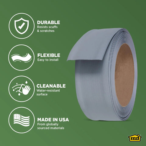 4 Inch Dry Back Vinyl Wall Base With Flexible Toe Kick Trim 60 Ft Roll No Fuss Easy Install Durable Molding For Floors And Baseboards Silver Gray Finish, displayed as a roll with durability, flexibility, cleanability, and USA manufacturing icons in the background.