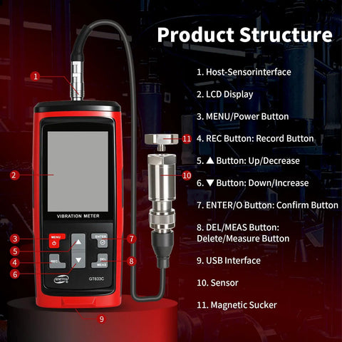 Portable Digital Vibration Meter With TFT Screen And 397000 Data Storage For Accurate Measurement Of Acceleration Velocity Displacement Frequency And Temperature 5 In 1 Diagnostic Tool For Machinery, red handheld unit