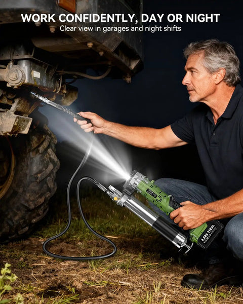 Person using Beefed Up Cordless Electric Grease Gun With 2x4.0Ah Batteries, 12000 PSI High Flow At 5.3 Ounces Per Minute, 39.4 Inch Hose And 90 Degree Coupler, Heavy Duty Grease Tool For Cars Trucks Tractors Excavators Farm Equipment on tractor