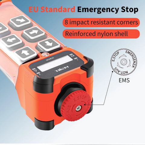 Emergency stop feature on 6 Channel 12 To 65V Industrial Wireless Crane Remote Control with reinforced nylon shell and impact-resistant corners