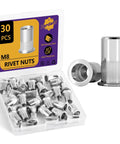 Heavy Duty 30 Piece M8 304 Stainless Steel Rivet Nut Set With Flat Head Inserts in a storage case, showing rust-resistant threaded nuts.