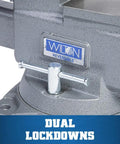 Close-up of the dual lockdown mechanism on the Knockout Reversible Bench Vise of the Eight Inch Bench Grinder With Wire Wheel And Knockout Reversible Bench Vise One Horsepower Shop Ready Combo Featuring Ball Bearing Drive And Tight Jaw Grip.
